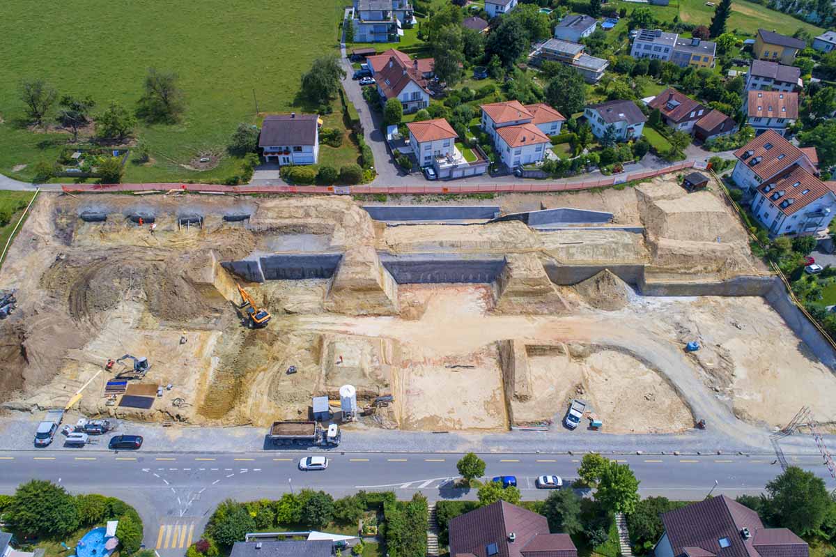Baugrubensicherung, Nagelwände, Überbauung Alpenstrasse, Lyss, Ghelma AG Spezialtiefbau
